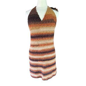 Handmade Crochet Halter Dress With Earthy Striped Pattern
